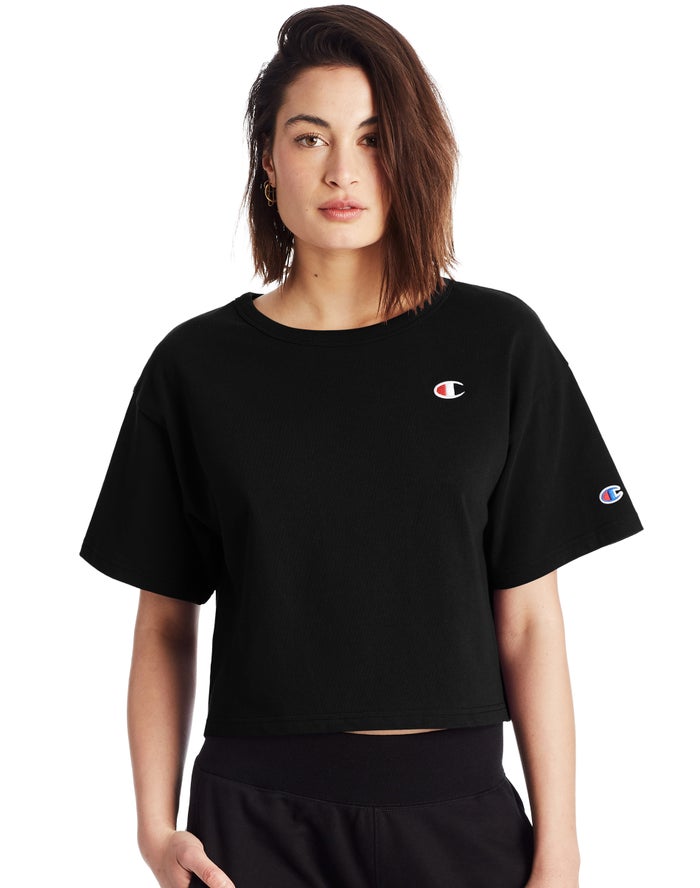 Champion T-Shirt Dames - Zwart - Heritage Cropped C Logo ( 806359-VGW )